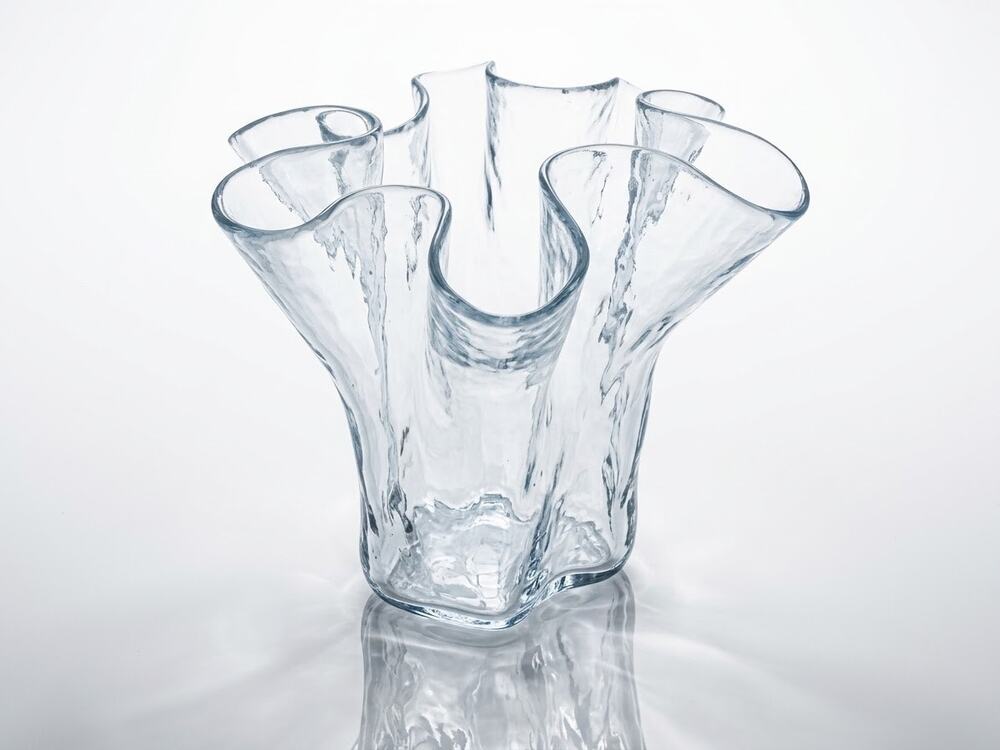 Vintage Muurla Finland Clear Glass Handkerchief Vase 7" Organic Wave Ruffled Rim